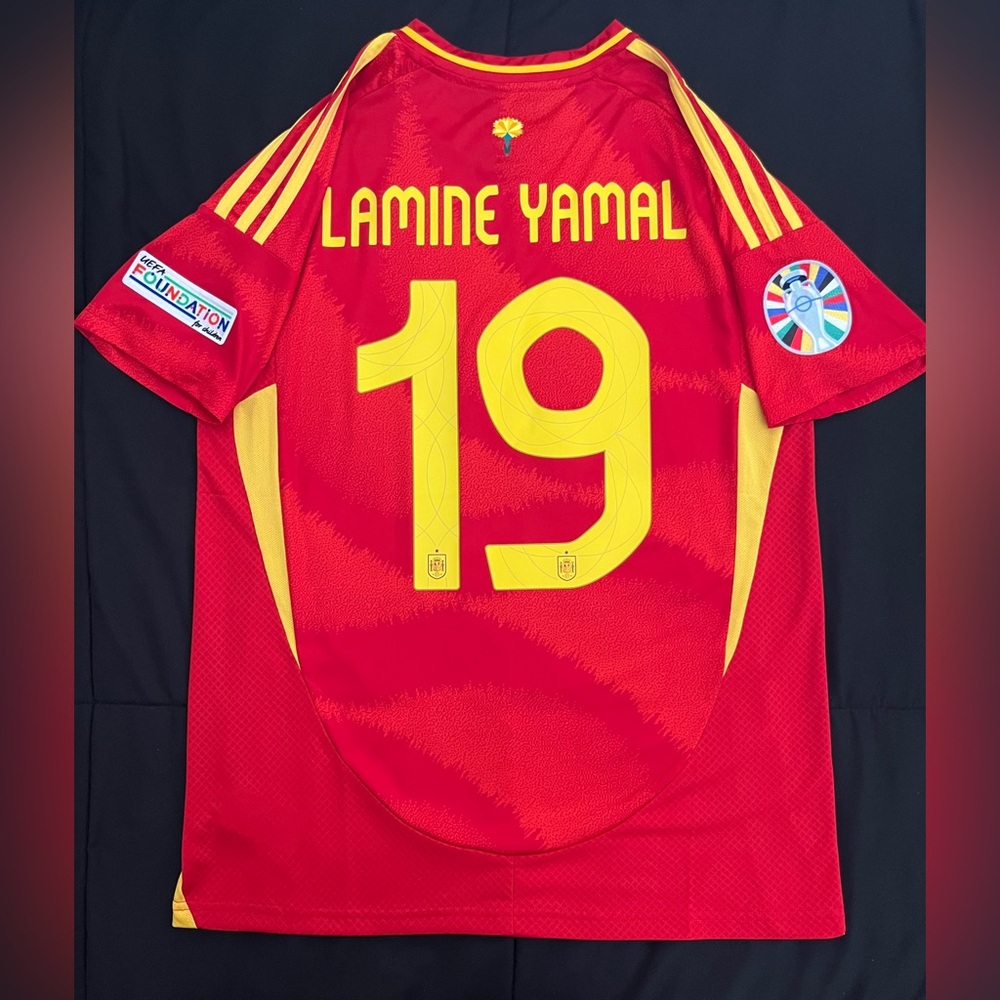 adidas Red and Yellow Lamine Yamal #19 Men's Soccer Jersey